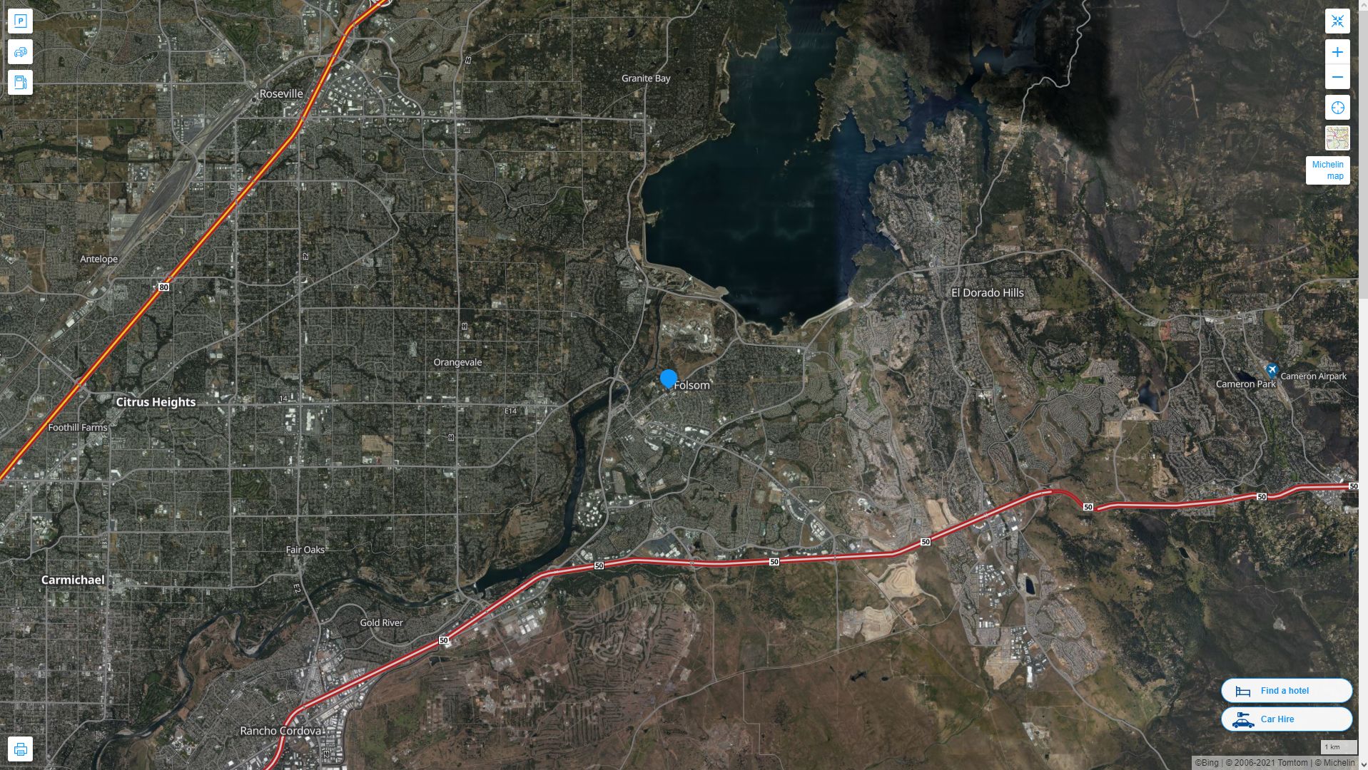 Folsom California Highway and Road Map with Satellite View